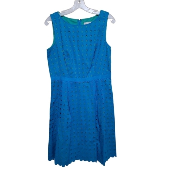 Ann Taylor LOFT Teal Blue Green Diamond Eyelet Sleeveless Dress sz 8 - Picture 3 of 9